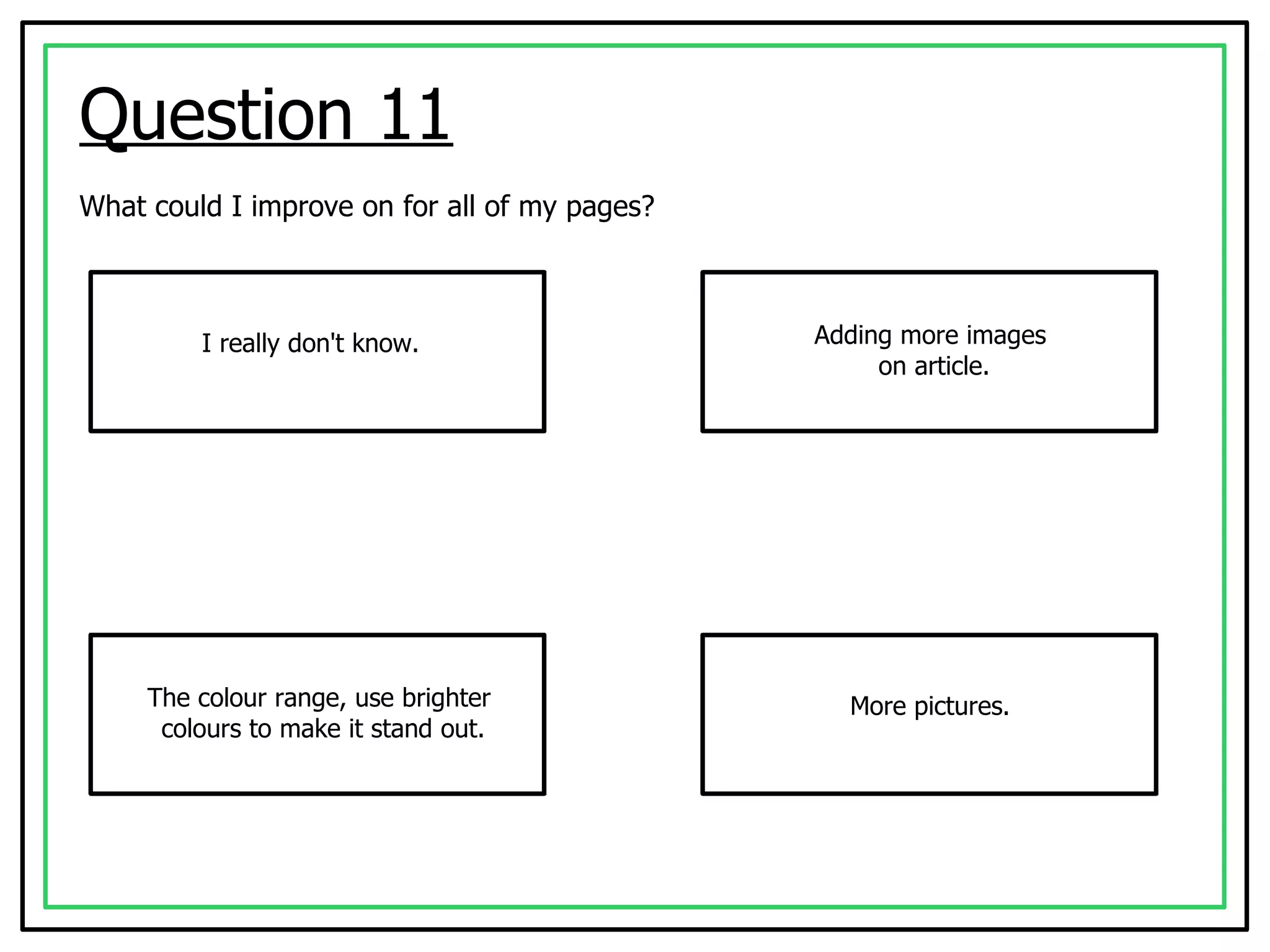 Question 11 What could I improve on for all of my pages? I really don't know. Adding more images  on article. The colour range, use brighter  colours to make it stand out. More pictures. 
