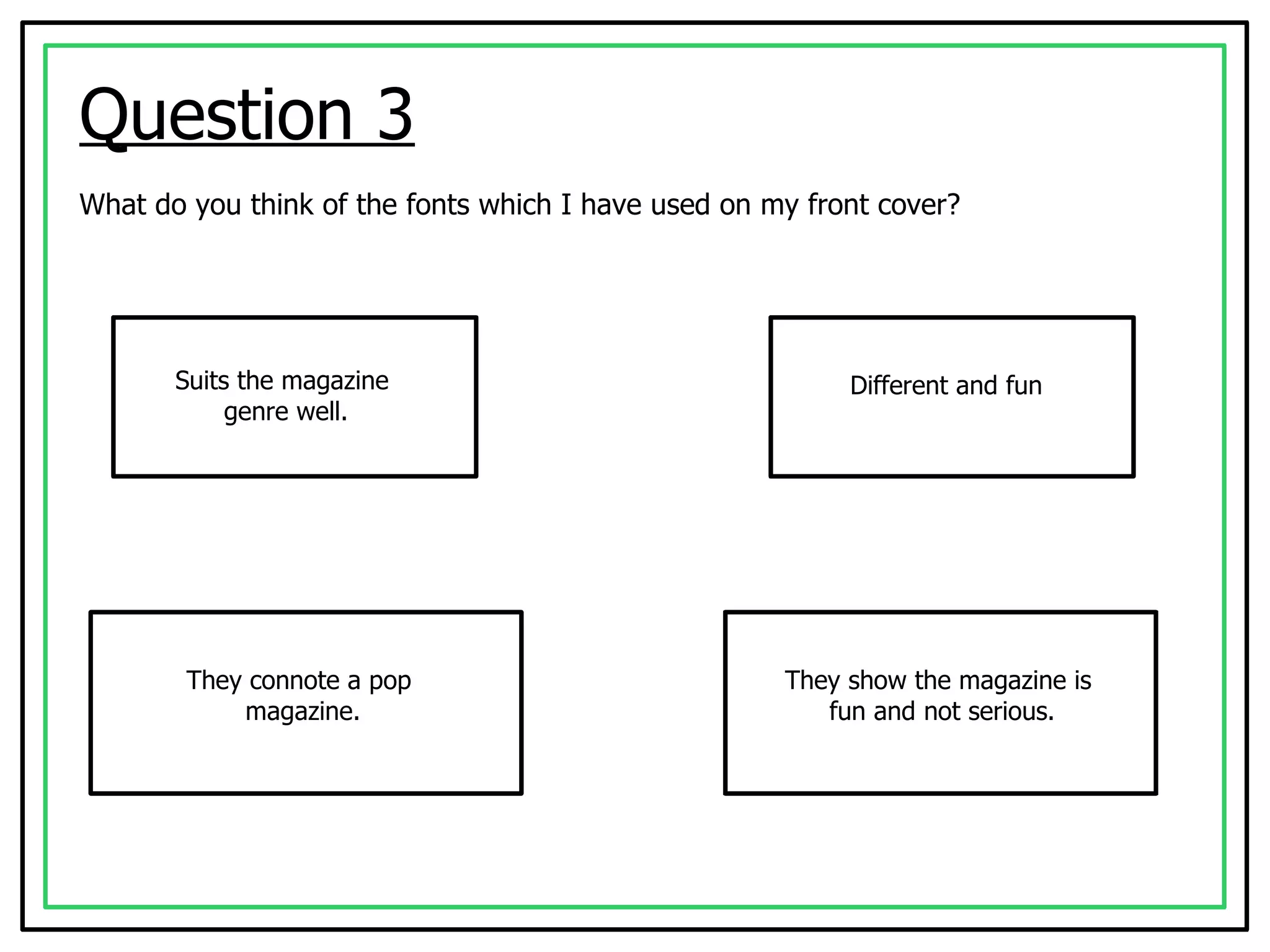 Question 3 What do you think of the fonts which I have used on my front cover? Suits the magazine  genre well. Different and fun They connote a pop  magazine. They show the magazine is  fun and not serious. 