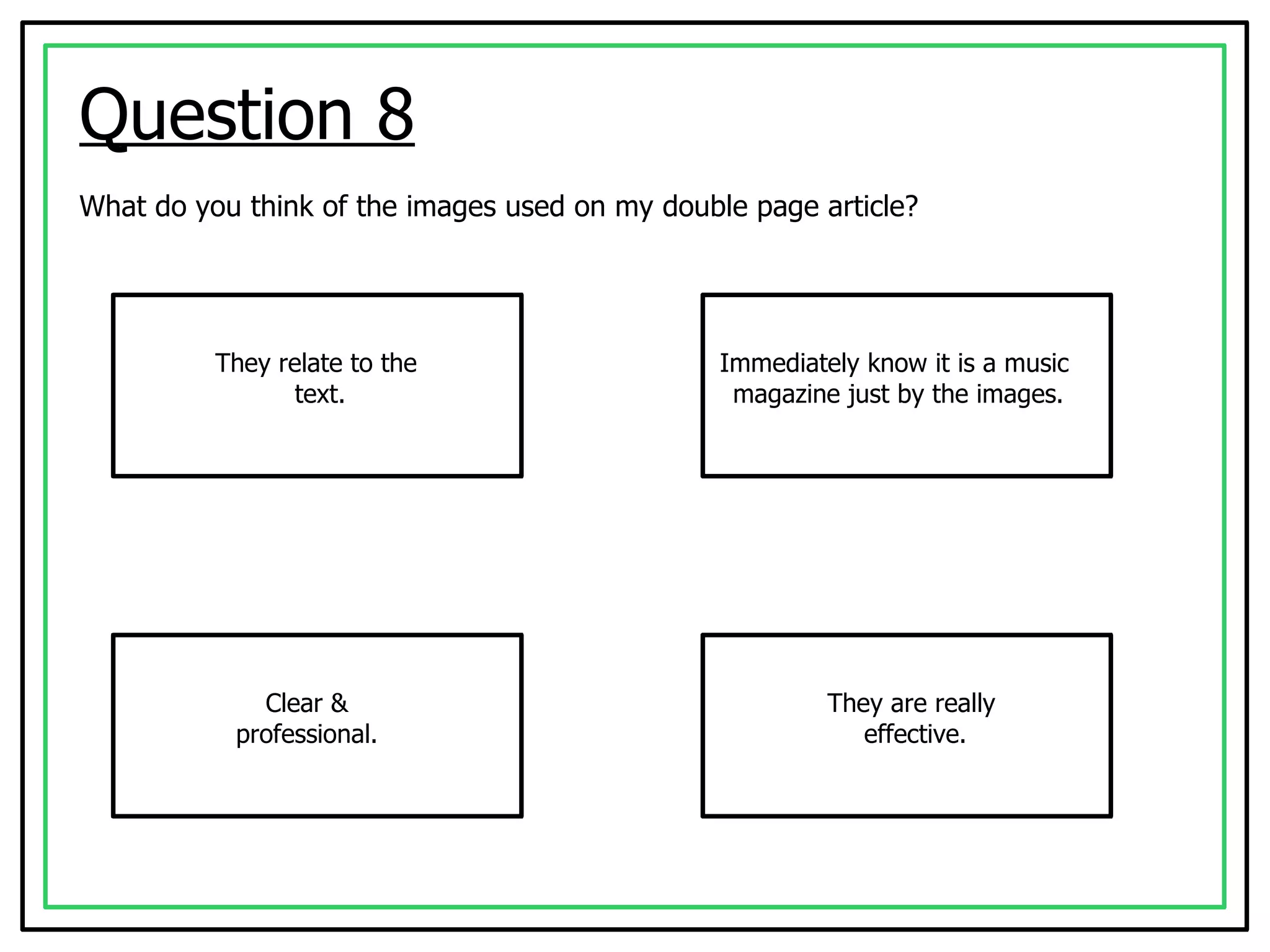 Question 8 What do you think of the images used on my double page article? They relate to the  text. Immediately know it is a music  magazine just by the images. Clear & professional. They are really  effective. 