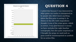 QUESTION 4
I asked this because I was interested in
what genre our trailer is interpreted as
by people who didn’t know anything
about the film prior to seeing it. As
shown on the left, both respondents
thought it was of the crime genre, which
is correct. I was glad because it means
we have included the right familiar
iconography, but also quite surprised, as
I thought the props we used such as
guns could be misinterpreted as symbols
for an action film.
 