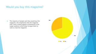 Would you buy this magazine?
 The majority of people said they would buy this
magazine, this emphasises that the magazine
that I have created appears professional to the
target audience which helps intrigue them to
want to read the magazine.
 