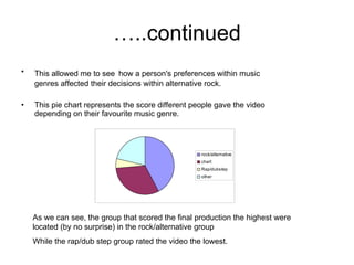 …..continued This allowed me to see   how a person's preferences within music genres affected their decisions within alternative rock. This pie chart represents the score different people gave the video depending on their favourite music genre. As we can see, the group that scored the final production the highest were located (by no surprise) in the rock/alternative group While the rap/dub step group rated the video the lowest. 