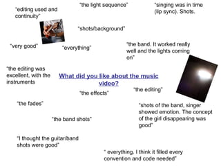 What did you like about the music video? “very good” “the effects” “shots/background” “the fades” “the band shots” “shots of the band, singer showed emotion. The concept of the girl disappearing was good” “the band. It worked really well and the lights coming on” “I thought the guitar/band shots were good” “editing used and continuity” “singing was in time (lip sync). Shots. “the editing was excellent, with the instruments “the editing” “the light sequence” “everything” “ everything. I think it filled every convention and code needed” 