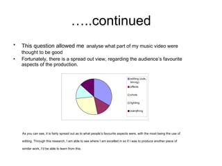 …..continued This question allowed me   analyse what part of my music video were thought to be good Fortunately, there is a spread out view, regarding the audience’s favourite aspects of the production. As you can see, it is fairly spread out as to what people’s favourite aspects were, with the most being the use of editing. Through this research, I am able to see where I am excelled in so if I was to produce another piece of similar work, I’d be able to learn from this.  