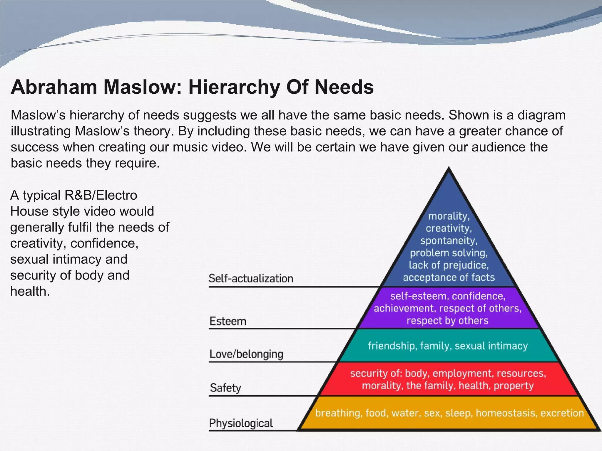 Abraham Maslow: Hierarchy Of Needs Maslow’s hierarchy of needs suggests we all have the same basic needs. Shown is a diagram illustrating Maslow’s theory. By including these basic needs, we can have a greater chance of success when creating our music video. We will be certain we have given our audience the basic needs they require.  A typical R&B/Electro House style video would generally fulfil the needs of creativity, confidence, sexual intimacy and security of body and health. 