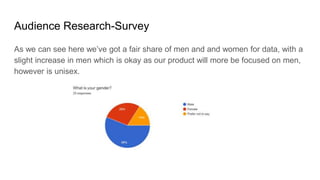 Audience Research-Survey
As we can see here we’ve got a fair share of men and and women for data, with a
slight increase in men which is okay as our product will more be focused on men,
however is unisex.
 