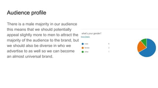 Audience profile
There is a male majority in our audience
this means that we should potentially
appeal slightly more to men to attract the
majority of the audience to the brand, but
we should also be diverse in who we
advertise to as well so we can become
an almost universal brand.
 