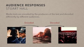 AUDIENCE RESPONSES
STUART HALL
Media texts are encoded by the producers of the text and decoded
differently by different audiences.
Encoded Decoded
 