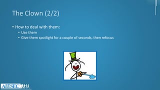 The Clown (2/2)
• How to deal with them:
• Use them
• Give them spotlight for a couple of seconds, then refocus
 