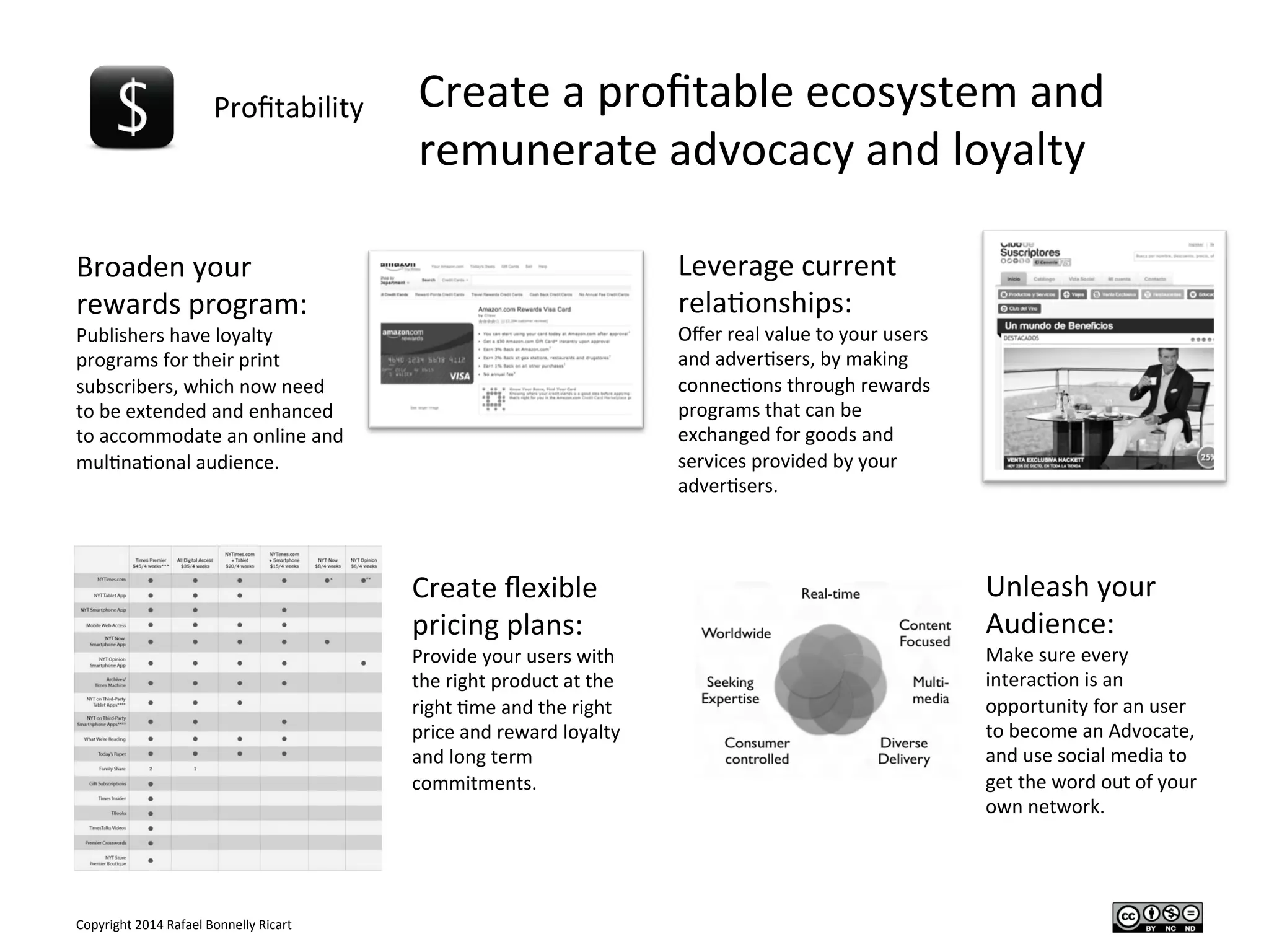 Copyright	
  2014	
  Rafael	
  Bonnelly	
  Ricart	
  
Proﬁtability	
   Create	
  a	
  proﬁtable	
  ecosystem	
  and	
  
remunerate	
  advocacy	
  and	
  loyalty	
  	
  
Broaden	
  your	
  
rewards	
  program:	
  
Publishers	
  have	
  loyalty	
  
programs	
  for	
  their	
  print	
  
subscribers,	
  which	
  now	
  need	
  
to	
  be	
  extended	
  and	
  enhanced	
  
to	
  accommodate	
  an	
  online	
  and	
  
mul/na/onal	
  audience.	
  
	
  
	
  
	
  
Leverage	
  current	
  
rela/onships:	
  
Oﬀer	
  real	
  value	
  to	
  your	
  users	
  
and	
  adver/sers,	
  by	
  making	
  
connec/ons	
  through	
  rewards	
  
programs	
  that	
  can	
  be	
  
exchanged	
  for	
  goods	
  and	
  
services	
  provided	
  by	
  your	
  
adver/sers.	
  
	
  
	
  
	
   Unleash	
  your	
  
Audience:	
  
Make	
  sure	
  every	
  
interac/on	
  is	
  an	
  
opportunity	
  for	
  an	
  user	
  
to	
  become	
  an	
  Advocate,	
  
and	
  use	
  social	
  media	
  to	
  
get	
  the	
  word	
  out	
  of	
  your	
  
own	
  network.	
  
Create	
  ﬂexible	
  
pricing	
  plans:	
  
Provide	
  your	
  users	
  with	
  
the	
  right	
  product	
  at	
  the	
  
right	
  /me	
  and	
  the	
  right	
  
price	
  and	
  reward	
  loyalty	
  
and	
  long	
  term	
  
commitments.	
  
	
  
	
  
	
  
 