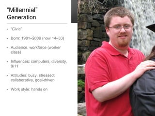 “Millennial”
Generation
• “Civic”
• Born: 1981–2000 (now 14–33)
• Audience, workforce (worker
class)
• Influences: computers, diversity,
9/11
• Attitudes: busy, stressed;
collaborative, goal-driven
• Work style: hands on
 