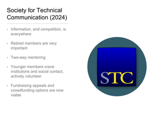 Society for Technical
Communication (2024)
• Information, and competition, is
everywhere
• Retired members are very
important
• Two-way mentoring
• Younger members crave
institutions and social contact,
actively volunteer
• Fundraising appeals and
crowdfunding options are now
viable
 