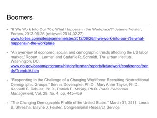 Boomers
• “If We Work Into Our 70s, What Happens in the Workplace?” Jeanne
Meister, Forbes, 2012-06-26 (retrieved 2014-02-
27), www.forbes.com/sites/jeannemeister/2012/06/26/if-we-work-into-our-70s-
what-happens-in-the-workplace
• “An overview of economic, social, and demographic trends affecting the US labor
market,” Robert I. Lerman and Stefanie R. Schmidt, The Urban
Institute, Washington, DC, www.dol.gov/oasam/programs/history/herman/reports/
futurework/conference/trends/TrendsIV.htm
• “Responding to the Challenge of a Changing Workforce: Recruiting
Nontraditional Demographic Groups,” Dennis Doverspike, Ph.D., Mary Anne
Taylor, Ph.D., Kenneth S. Schultz, Ph.D., Patrick F. McKay, Ph.D. Public
Personnel Management, Vol. 29, No. 4, pp. 445–459
• “The Changing Demographic Profile of the United States,” March 31, 2011, Laura
B. Shrestha, Elayne J. Heisler, Congressional Research Service
 