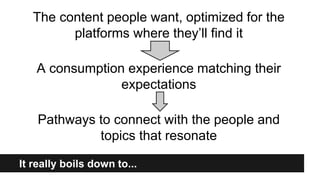 It really boils down to...
The content people want, optimized for the
platforms where they’ll find it
A consumption experience matching their
expectations
Pathways to connect with the people and
topics that resonate
 