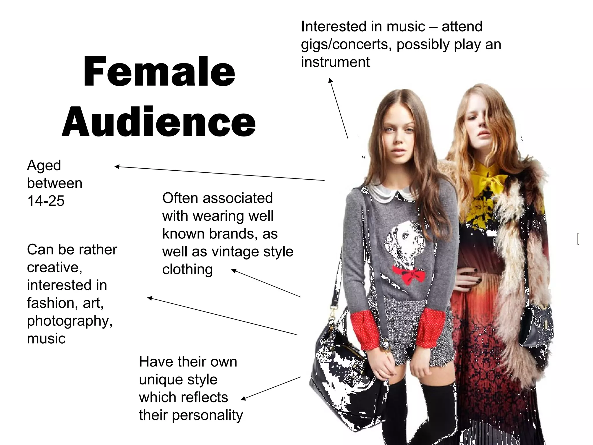 Female Audience Aged between 14-25 Often associated with wearing well known brands, as well as vintage style clothing Have their own unique style which reflects their personality Interested in music – attend gigs/concerts, possibly play an instrument Can be rather creative, interested in fashion, art, photography, music 