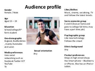 Gender
Female / Male

Audience profile

Age
Aged 15 – 19

Socio-economic group
E and D (lives at home and
goes to college full time, may
have a part time job)

Education
School/college/6th
form student

Psychographic group
Like new technology
Follows the crowd

Geo-demographic
England, Bedfordshire
, mainly Dunstable
and Luton
Media preferences
Uses social
networking such as
Facebook Twitter ECT
YouTube
TV

Likes/dislikes
Music, cinema, socialising, TV
and follows the latest trends.

Sexual orientation
Any

Ethnic background
Any
Product preferences
Shops in high street shops
Has Smart phone – Blackberry
or iPhone. Also has an IPod or
tablet.

 