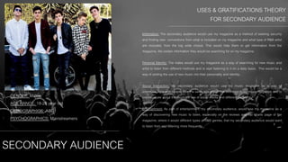 SECONDARY AUDIENCE
GENDER: Males
AGE RANGE: 18-26 year old
DEMOGRAPHICS: ABC1
PSYCHOGRAPHICS: Mainstreamers
USES & GRATIFICATIONS THEORY
FOR SECONDARY AUDIENCE
Information: The secondary audience would use my magazine as a method of seeking security
and finding new conventions from what is included on my magazine and what type of R&B artist
are included, from the big wide choice. This would help them to get information from the
magazine, the certain information they would be searching for on my magazine.
Personal Identity: The males would use my magazine as a way of searching for new music and
artist to listen from different methods and to start listening to it on a daily basis. This would be a
way of adding the use of new music into their personality and identity.
Social Interaction: My secondary audience would use my music magazine as a way of
communicating with people from the same age group that also read to my music magazine and to
communicate about it through the use of social media and different platforms.
Entertainment: As part of entertainment, my secondary audience, would use my magazine as a
way of discovering new music to listen, especially on the reviews and top charts page of the
magazine, where it would different types of R&B genres, that my secondary audience would want
to listen from and listening more frequently.
 