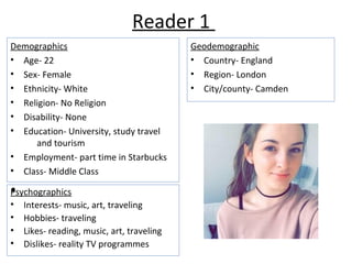 Reader 1
Demographics
• Age- 22
• Sex- Female
• Ethnicity- White
• Religion- No Religion
• Disability- None
• Education- University, study travel
and tourism
• Employment- part time in Starbucks
• Class- Middle Class
•
Geodemographic
• Country- England
• Region- London
• City/county- Camden
Psychographics
• Interests- music, art, traveling
• Hobbies- traveling
• Likes- reading, music, art, traveling
• Dislikes- reality TV programmes
