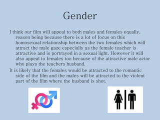Gender
I think our film will appeal to both males and females equally,
reason being because there is a lot of focus on this
homosexual relationship between the two females which will
attract the male gaze especially as the female teacher is
attractive and is portrayed in a sexual light. However it will
also appeal to females too because of the attractive male actor
who plays the teachers husband.
It is likely that the females would be attracted to the romantic
side of the film and the males will be attracted to the violent
part of the film where the husband is shot.
 
