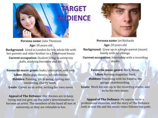Persona name: Julie Thomson
Age: 18 years old
Background: Lived in London for her whole life with
her parents and older brother in a 3 bedroom house.
Current occupation: Student living in university
halls, studying literature and art.

Persona name: Jet Richards
Age: 20 years old
Background: Grew up in a single-parent (mum)
family with no siblings.
Current occupation: Internship with a recording
studio

Favourite music genre: Indie/alternative, soft rock.
Likes: Music gigs, theatre, art exhibitions
Hobbies: Painting, life drawing, cycling and
swimming, charity work.
Goals: Career as an artist, writing her own novel.

Favourite music genre: Rock, Metal.
Likes: Kerrang magazine, food,
Hobbies: Practicing with his band in the
garage, skateboarding,
Goals: Work his way up in the recording studio, and
write his own music.

Appeal of The Defiance: Our themes are to keep
trying and not give, up like Julie’s determination to
become an artist. The members of the band all met at
university, so they are relatable to her.

Appeal of The Defiance: He aspires to be a
professional musician, and the story of The Defiance
, both in real life and the music video follows this path.

 