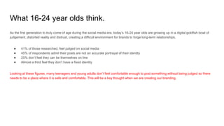 What 16-24 year olds think.
As the first generation to truly come of age during the social media era, today’s 16-24 year olds are growing up in a digital goldfish bowl of
judgement, distorted reality and distrust, creating a difficult environment for brands to forge long-term relationships.
● 41% of those researched, feel judged on social media
● 45% of respondents admit their posts are not an accurate portrayal of their identity
● 25% don’t feel they can be themselves on line
● Almost a third feel they don’t have a fixed identity
Looking at these figures, many teenagers and young adults don’t feel comfortable enough to post something without being judged so there
needs to be a place where it is safe and comfortable. This will be a key thought when we are creating our branding.
 
