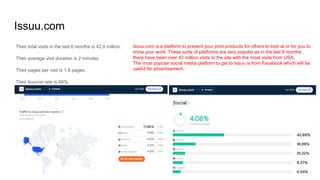 Issuu.com
Their total visits in the last 6 months is 42.9 million.
Their average visit duration is 2 minutes.
Their pages per visit is 1.8 pages.
Their bounce rate is 69%.
Issuu.com is a platform to present your print products for others to look at or for you to
show your work. These sorts of platforms are very popular as in the last 6 months
there have been over 42 million visits to the site with the most visits from USA.
The most popular social media platform to get to Issuu is from Facebook which will be
useful for advertisement.
 