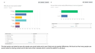 The last section we looked at was why people use social media and to see if there are any gender differences. We found out that many people use
social media for sharing content and to also look at their interests which is what this platform is all about.
 