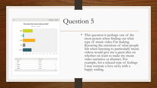 Question 5
• This question is perhaps one of the
most potent when finding out what
type of music video I’m making.
Knowing the emotions of what people
felt when listening to particularly music
videos would give me a great idea on
whether on want to make my music
video narrative or abstract. For
example, for a relaxed type of feelings
I may recreate a love story with a
happy ending.
 