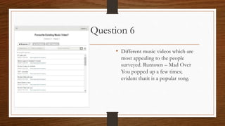Question 6
• Different music videos which are
most appealing to the people
surveyed. Runtown – Mad Over
You popped up a few times;
evident thatit is a popular song.
 