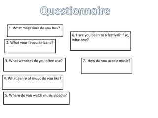 Questionnaire 1. What magazines do you buy? 6. Have you been to a festival? If so, what one? 2. What your favourite band? 3. What websites do you often use? 7.  How do you access music?  4. What genre of music do you like? 5. Where do you watch music video’s? 