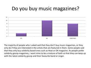 Do you buy music magazines?
 12

 10

  8

  6

  4

  2

  0
                 YES                         NO                        SOMETIMES




The majority of people who I asked said that they don’t buy music magazines, or they
only do if they are interested in the artists that are featured in them. Some people said
that they only buy celebrity based ones such as Heat or OK magazine. As people prefer
celebrity gossip magazines, I want mine to be a mixture of both so that they can keep up
with the latest celebrity gossip and their favourite band or singer.
 