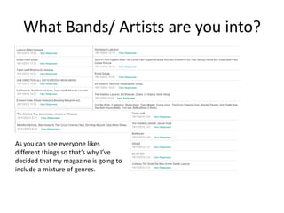 What Bands/ Artists are you into?




As you can see everyone likes
different things so that’s why I’ve
decided that my magazine is going to
include a mixture of genres.
 