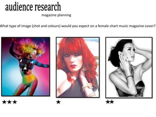 magazine planning

What type of image (shot and colours) would you expect on a female chart music magazine cover?
 