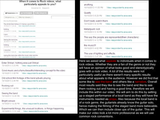 Here we asked what appeals to individuals when it comes to
rock videos. Whether they are a fan of the genre or not they
will have an opinion of what looks good and stereotypically
goes with a rock video. A lot of the results were not
particularly useful as there weren't many specific results
about what appeals to the audience. However we did find that
some like to see the band and others like a narrative. Overall
most results said they like to see the band and like to see
them rocking out and having a good time, therefore we will
include this within our video. We will aim to do this by setting
up a staged performance of a local band as they will have the
instruments needed as props. Also because the local band is
of a rock genre, the guitarists already know the guitar solo,
hence making the filming of the staged band more believable.
Which we can then include close ups of the guitar. This will
make our video look a lot more professional as we will use
common rock conventions.

 
