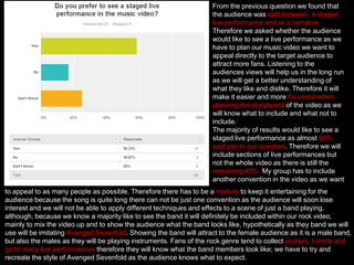 From the previous question we found that
the audience was split between a staged
live performance and or a narrative.
Therefore we asked whether the audience
would like to see a live performance as we
have to plan our music video we want to
appeal directly to the target audience to
attract more fans. Listening to the
audiences views will help us in the long run
as we will get a better understanding of
what they like and dislike. Therefore it will
make it easier and more focussed when
planning the storyboard of the video as we
will know what to include and what not to
include.
The majority of results would like to see a
staged live performance as almost 60%
said yes to our question. Therefore we will
include sections of live performances but
not the whole video as there is still the
remaining 40%. My group has to include
another convention in the video as we want
to appeal to as many people as possible. Therefore there has to be a mixture to keep it entertaining for the
audience because the song is quite long there can not be just one convention as the audience will soon lose
interest and we will not be able to apply different techniques and effects to a scene of just a band playing.
although, because we know a majority like to see the band it will definitely be included within our rock video,
mainly to mix the video up and to show the audience what the band looks like, hypothetically as they band we will
use will be imitating Avenged Sevenfold. Showing the band will attract to the female audience as it is a male band,
but also the males as they will be playing instruments. Fans of the rock genre tend to collect posters, t-shirts and
go to many live performances therefore they will know what the band members look like; we have to try and
recreate the style of Avenged Sevenfold as the audience knows what to expect.

 