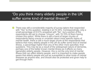“Do you think many elderly people in the UK
suffer some kind of mental illness?”
 There was still a considerable majority of survey takers that responded
with “Yes” to this question, totaling in at 72.34%. Correspondingly, only a
small percentage of 8.51% answered with “No”, but a portion of the
respondents did opt to choose “Unsure”, with 19.15% of them having
chosen this option. While there is still a trend of larger chunks of
respondents being unsure or uncertain about more specific topics of
mental health, there is still a much larger chunk of the respondents that
believe that many elderly people in the UK do suffer some kind of mental
illness, a percentage higher than any of the other more specified, final
questions. This may be as a result of the widespread nature of dementia,
perhaps one of the better known mental illness as it effects so many
(generally) elderly people. However, this is not the only kind of mental
illness that can effect elderly people, and it is important to make people
aware that elderly people are just as susceptible to other kinds of mental
illnesses as anyone else, and should also be protected and given help to
get through them.
 