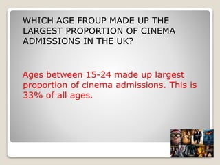 WHICH AGE FROUP MADE UP THE
LARGEST PROPORTION OF CINEMA
ADMISSIONS IN THE UK?
Ages between 15-24 made up largest
proportion of cinema admissions. This is
33% of all ages.
 