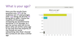 What is your age? 
Here are the results from 
question one. 82% of my 
audience are 17 and younger, 
with 13% being 18-20 ...
