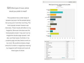 Q.6 What type of music article
would you prefer to read?
This questions has a wide range of
answers because I let the people taking
the survey pick more than one thing. The
most popular answer however was
interviews. These results will reflect on my
magazine. Because interviews was the
most popular answer I may use it as my
magazines double page spread. I will
also use these types of articles in my
contents page and also feature some on
my cover. My audience enjoys a large
amount of content in magazines meaning
my magazine will include and cover all
these types of article.
 