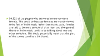  59.52% of the people who answered my survey were
female. This could be because females are maybe viewed
to be fans of indie music rather than males. Also, females
are said to be more emotional than men, and the general
theme of indie music tends to be talking about love and
other emotions. This could potentially mean that this part
of the survey could be a bit biased.
 