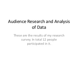 Audience Research and Analysis
of Data
These are the results of my research
survey. In total 12 people
participated in it.
 