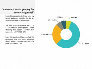 ‘How much would you pay for
a music magazine?’
I asked this question to know what my
target audience consider to be an
appropriate price for a magazine.

1

The most popular response was ‘£1 –
£2.50’ with 50% of the people I asked
choosing this option. Another 25%
responded with ‘£2.50 - £4’.

1

1

4
From this question, I have reached the
conclusion that my target audience
would prefer a cheaper magazine of a
price around £1-£2.50.

9

 