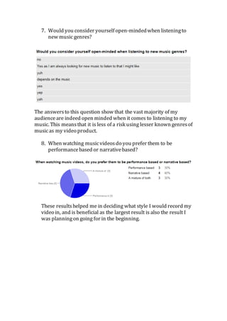7. Would you consider yourself open-minded when listening to 
new music genres? 
The answers to this question show that the vast majority of my 
audience are indeed open minded when it comes to listening to my 
music. This means that it is less of a risk using lesser known genres of 
music as my video product. 
8. When watching music videos do you prefer them to be 
performance based or narrative based? 
These results helped me in deciding what style I would record my 
video in, and is beneficial as the largest result is also the result I 
was planning on going for in the beginning. 
 