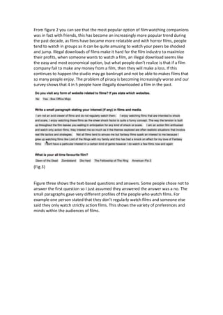 From figure 2 you can see that the most popular option of film watching companions
was in fact with friends, this has become an increasingly more popular trend during
the past decade, as films have became more relatable and with horror films, people
tend to watch in groups as it can be quite amusing to watch your peers be shocked
and jump. Illegal downloads of films make it hard for the film industry to maximize
their profits, when someone wants to watch a film, an illegal download seems like
the easy and most economical option, but what people don’t realize is that if a film
company fail to make any money from a film, then they will make a loss. If this
continues to happen the studio may go bankrupt and not be able to makes films that
so many people enjoy. The problem of piracy is becoming increasingly worse and our
survey shows that 4 in 5 people have illegally downloaded a film in the past.

(Fig.3)

Figure three shows the text-based questions and answers. Some people chose not to
answer the first question so I just assumed they answered the answer was a no. The
small paragraphs gave very different profiles of the people who watch films. For
example one person stated that they don’t regularly watch films and someone else
said they only watch strictly action films. This shows the variety of preferences and
minds within the audiences of films.

 