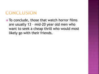  To conclude, those that watch horror films
are usually 13 – mid-20 year old men who
want to seek a cheap thrill who would most
likely go with their friends.
 