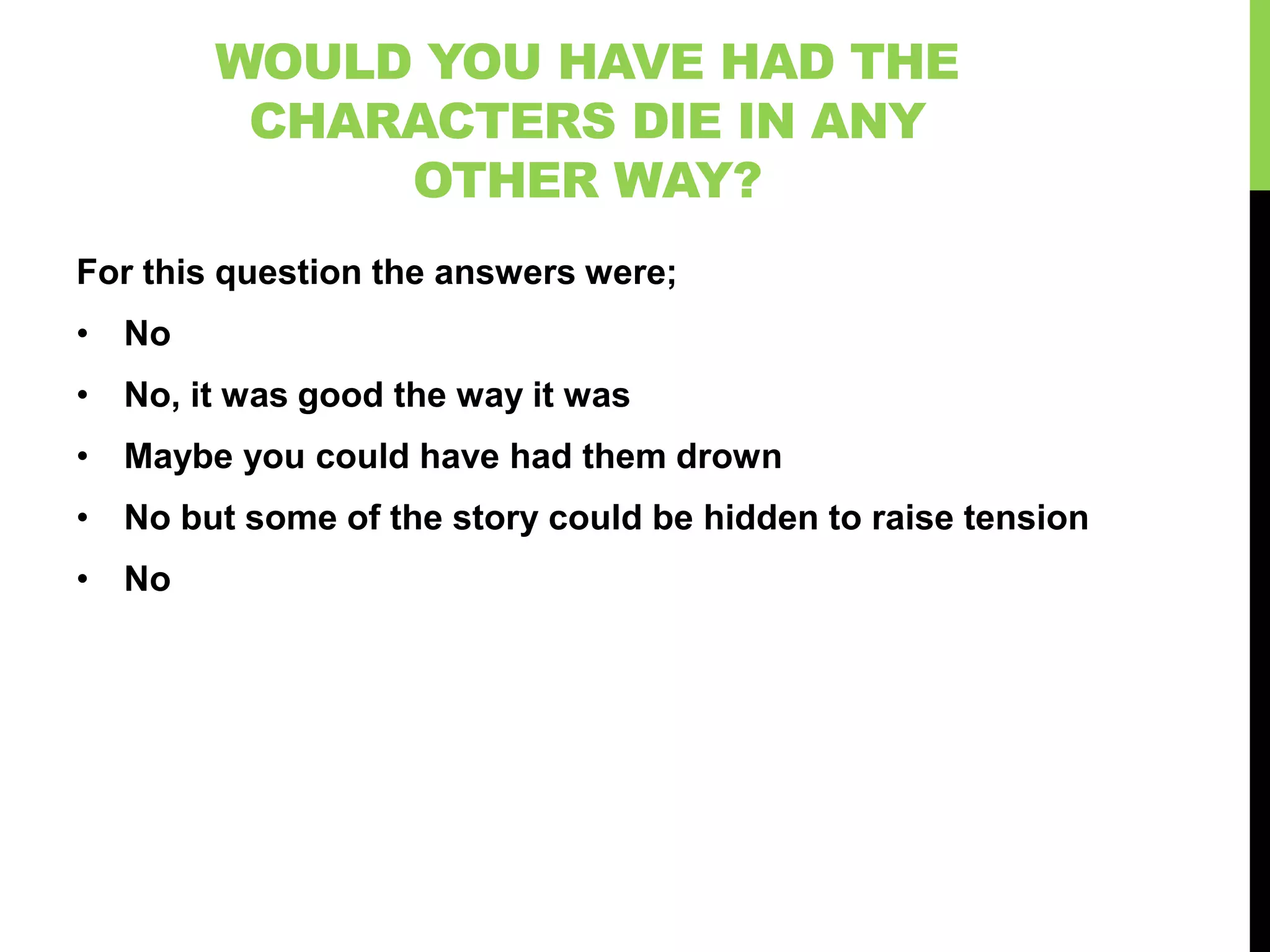 WOULD YOU HAVE HAD THE
         CHARACTERS DIE IN ANY
             OTHER WAY?
For this question the answers were;
• No
• No, it was good the way it was
• Maybe you could have had them drown
• No but some of the story could be hidden to raise tension
• No
 