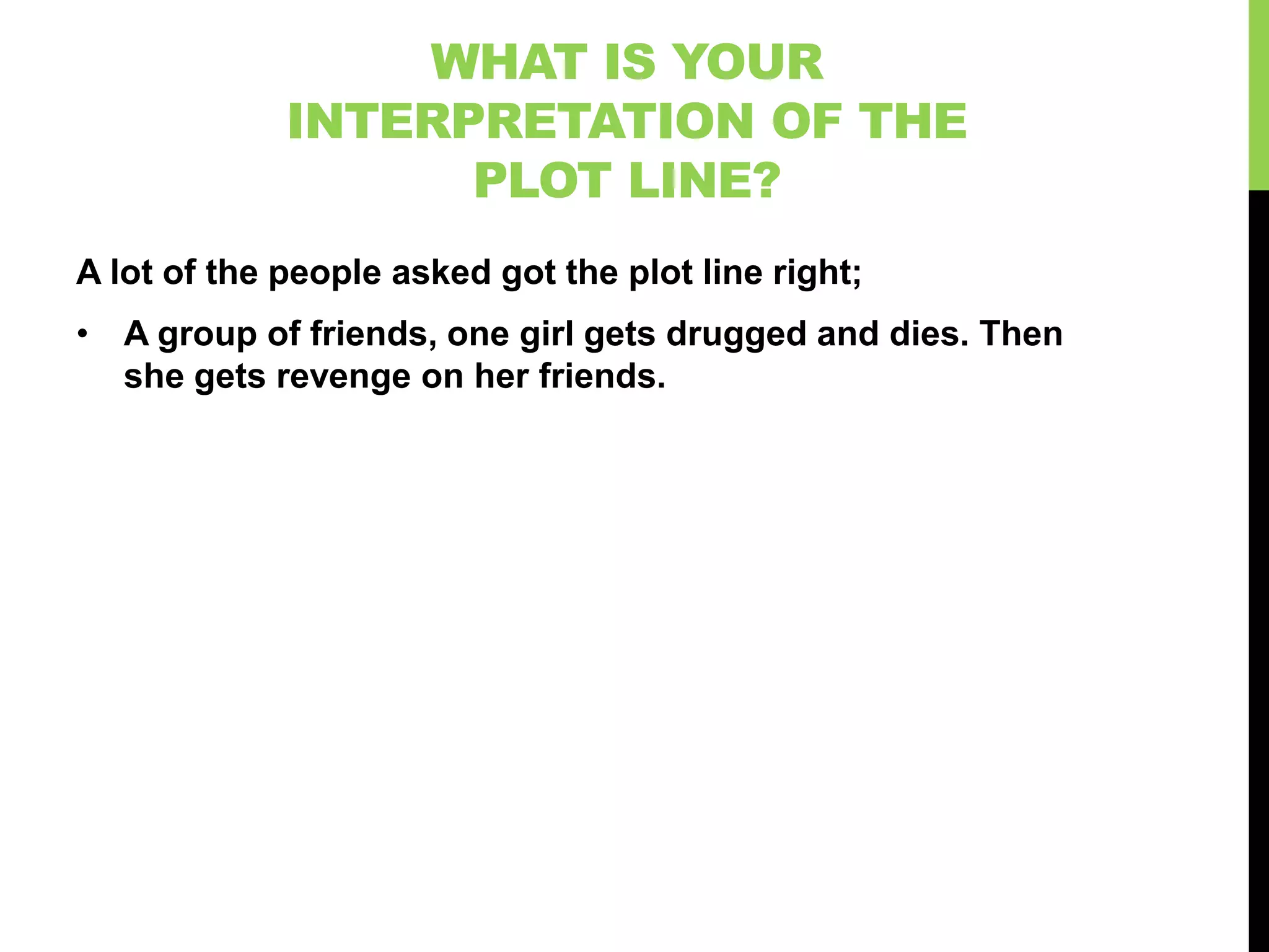 WHAT IS YOUR
             INTERPRETATION OF THE
                   PLOT LINE?
A lot of the people asked got the plot line right;
• A group of friends, one girl gets drugged and dies. Then
  she gets revenge on her friends.
 