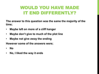 WOULD YOU HAVE MADE
            IT END DIFFERENTLY?
The answer to this question was the same the majority of the
time;
• Maybe left on more of a cliff hanger
• Maybe don’t give to much of the plot line
• Maybe not give away the ending
However some of the answers were;
• No
• No, I liked the way it ends
 