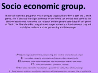 Socio economic group.,[object Object],The social economic group that we are going to target with our film is both the D and E group. This is because the target audience for our film is 15+ and we have come to this decision because we have done our research and the general certificate for our genre of film is 15+. Therefore this categorises our target audience as low income as they will mainly be students and not yet earning a full time wage.,[object Object],A-Higher managerial, administrative, professional e.g. Chief executive, senior civil servant, surgeonB - Intermediate managerial, administrative, professional e.g. bank manager, teacherC1-Supervisory, clerical, junior managerial e.g. shop floor supervisor, bank clerk, sales personC2 - Skilled manual workers e.g. electrician, carpenterD- Semi-skilled and unskilled manual workers e.g. assembly line worker, refuse collector, messengerE - Casual labourers, pensioners, unemployed e.g. pensioners without private pensions and anyone living on basic benefits,[object Object]