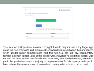 This was my final question because I thought it would help me see if my target age
group like documentaries and the majority answered yes. Also it would help me realize
which gender prefer documentaries and this will help me aim my documentary
towards a certain gender , one of the people who answered ‘no’ said their gender was
no, and the other person was female, so I can’t really aim my documentary towards a
particular gender because the majority of responses were female anyway, and I would
have to have the same amount of people from each gender to have an even result
 